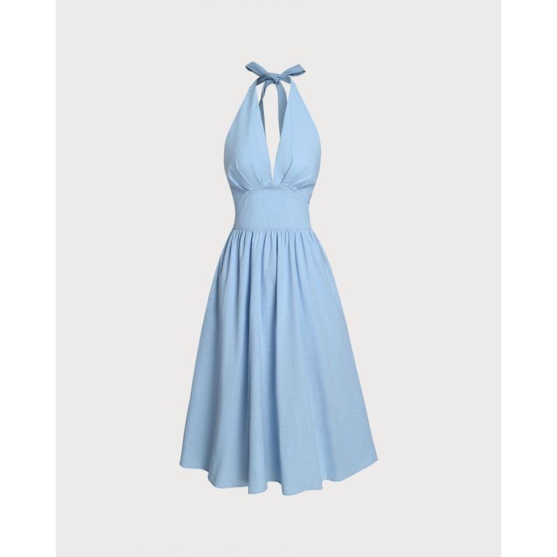 Blue Halter Pleated Midi Dress
