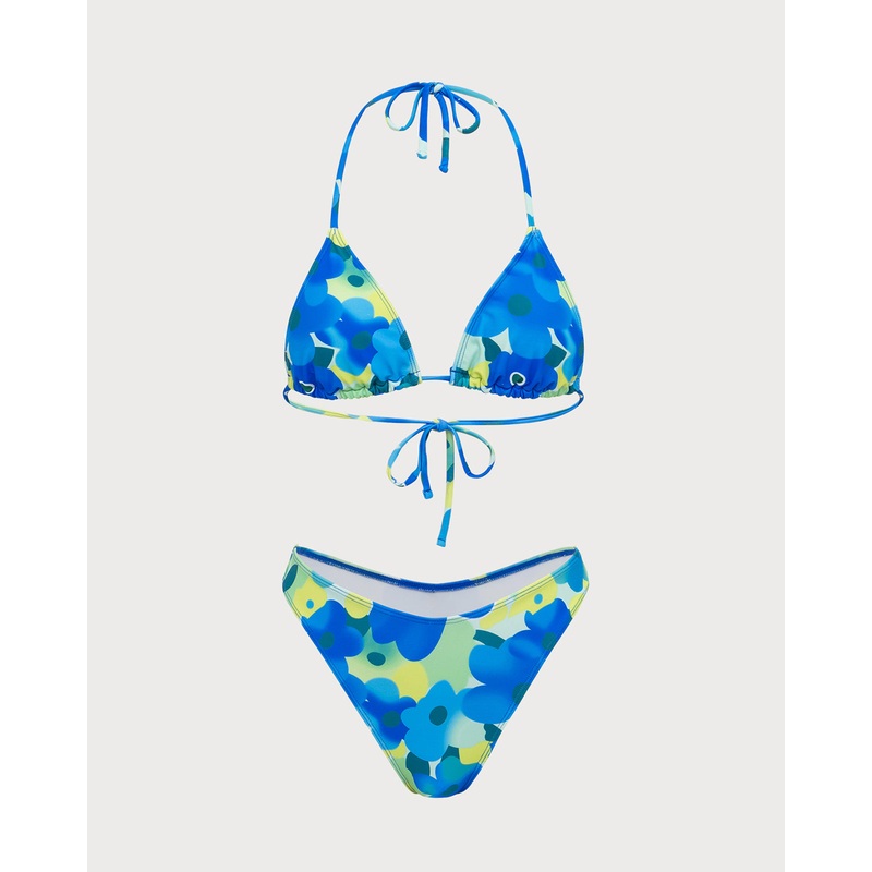 Blue Knitted Colorful Floral Bikini Set