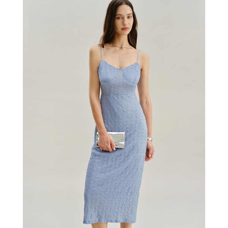 Blue Lace Slip Bodycon Midi Dress
