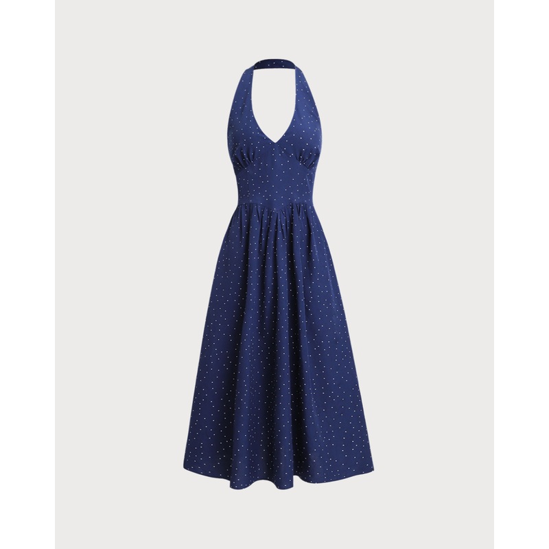 Blue Polka Dot Halter Maxi Dress