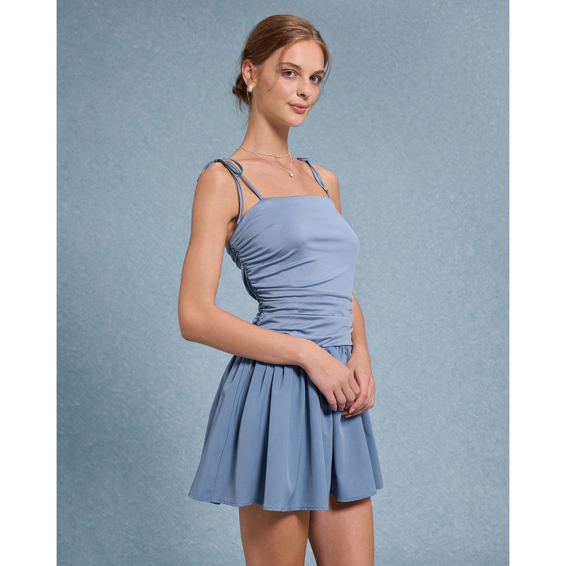 Blue Ruched Tie Strap Mini Dress