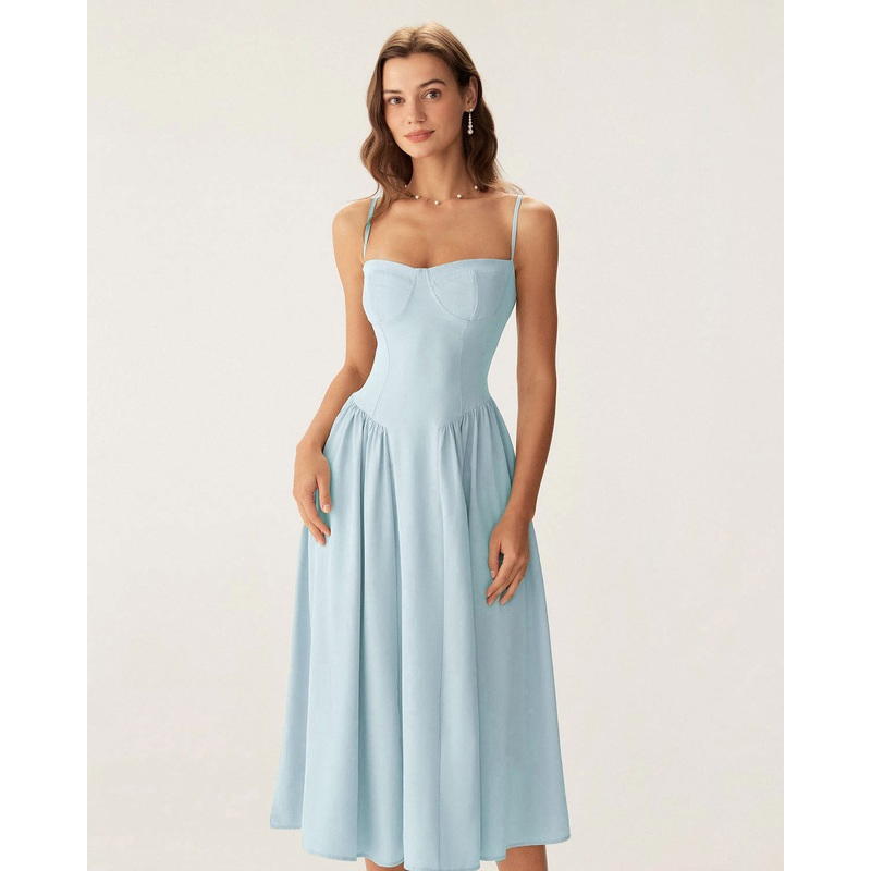 Blue Square Neck Pocket Slip Midi Dress