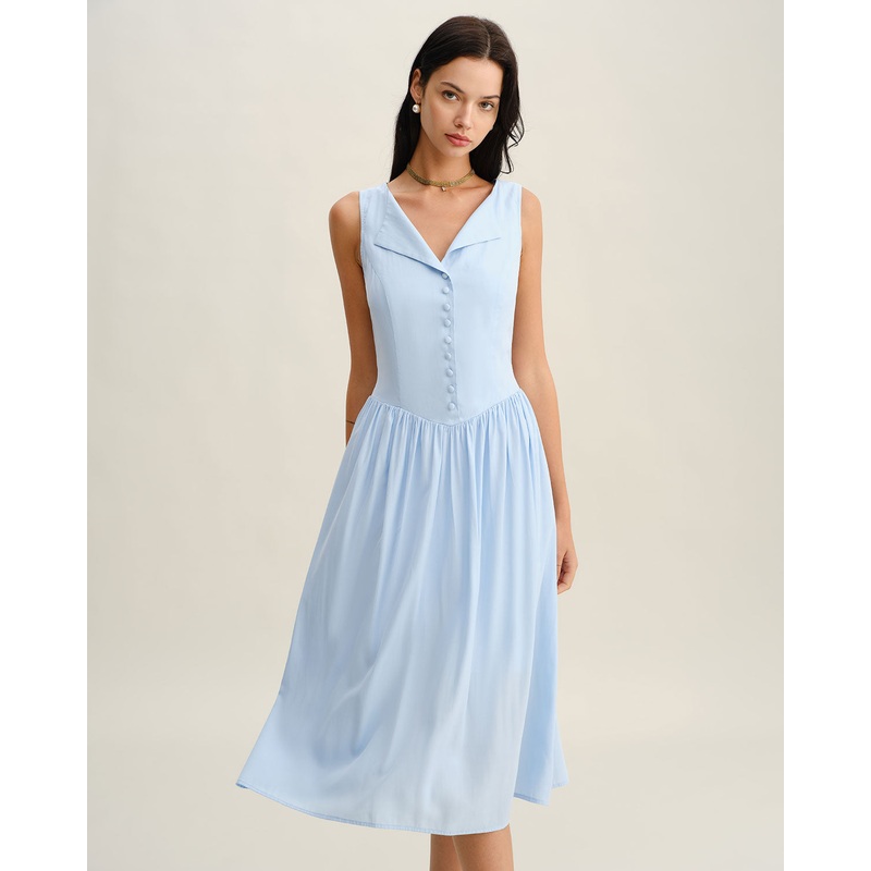 Blue V Neck Button Sleeveless Midi Dress