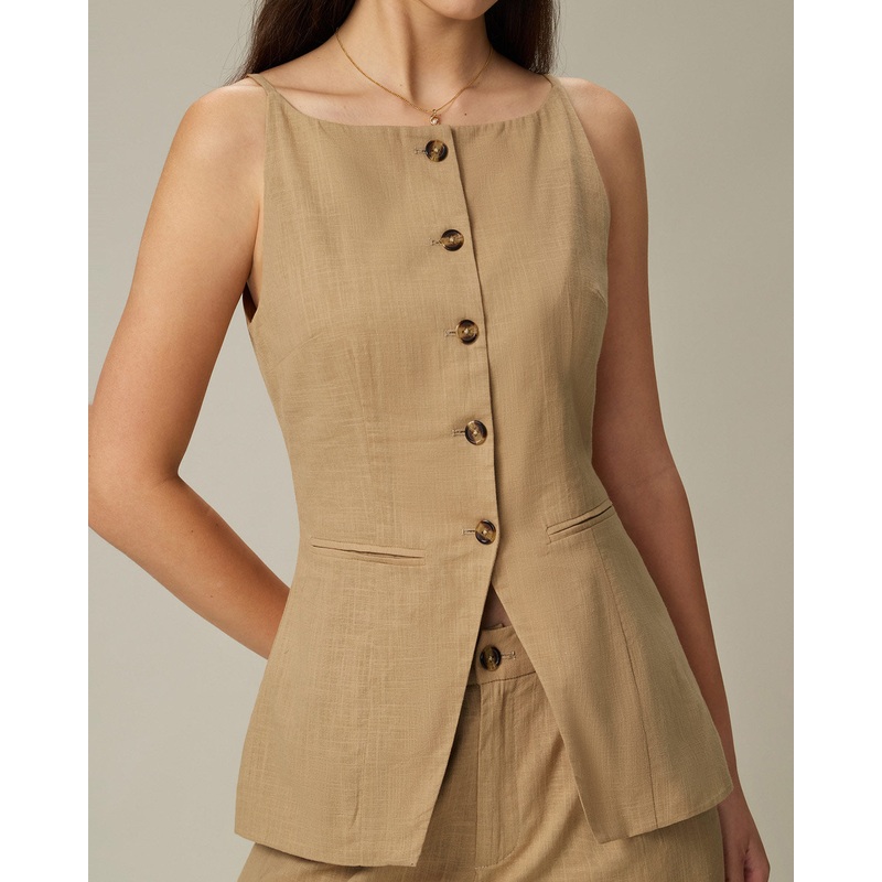 Brown Boat Neck Single Breasted Vest