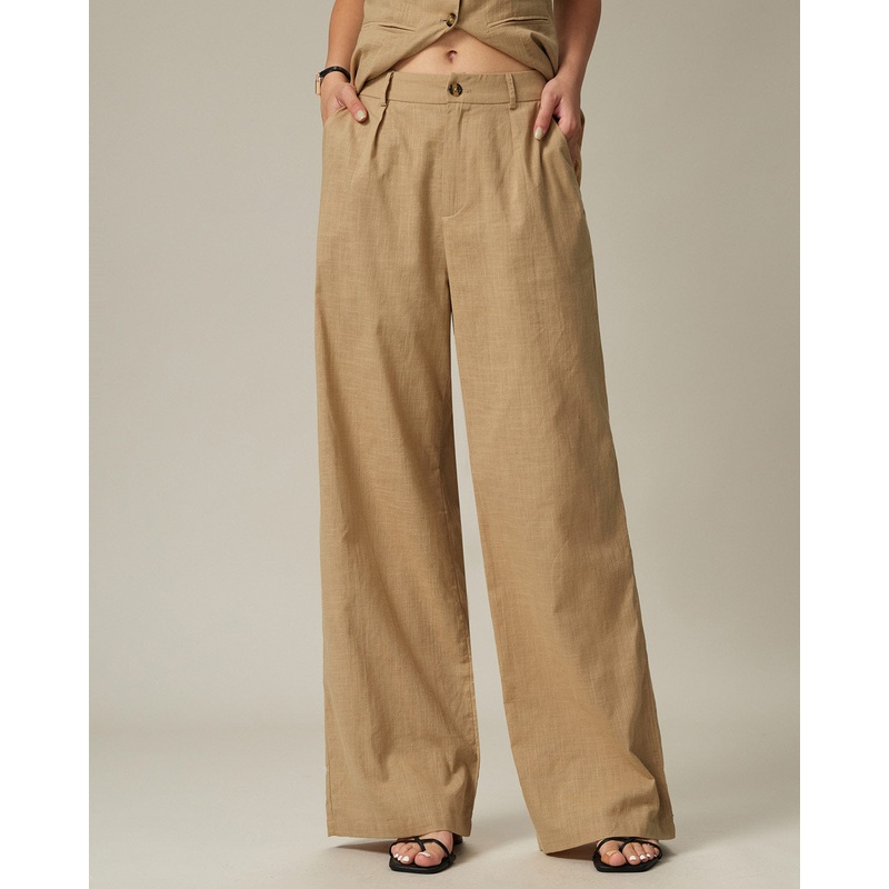 Brown Elastic Waist Pocket Straight Pants