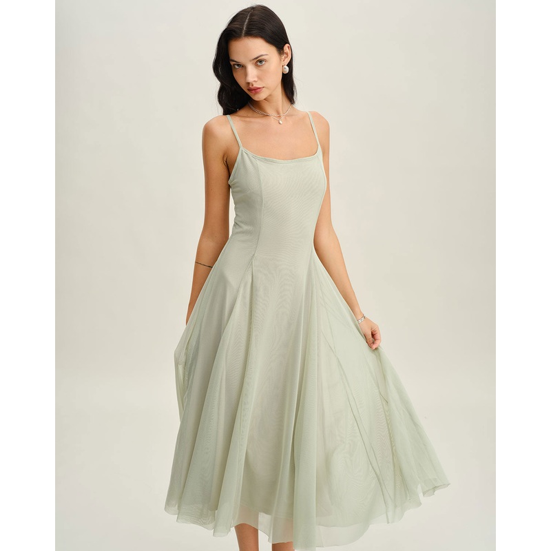 Green A-Line Slip Pleated Midi Dress