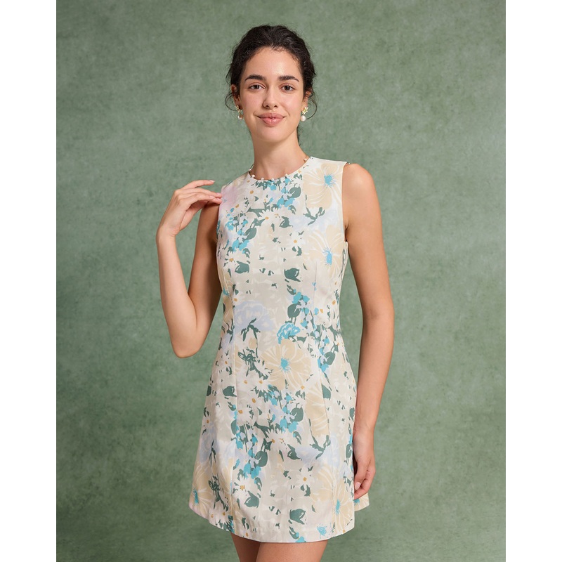 Green Floral Plant Sleeveless Mini Dress