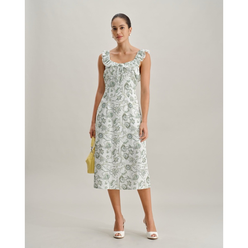 Green Floral Square Neck Ruched Midi Dress