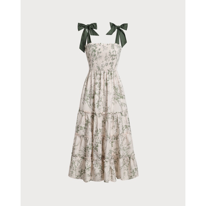Green Floral Tie Strap Midi Dress