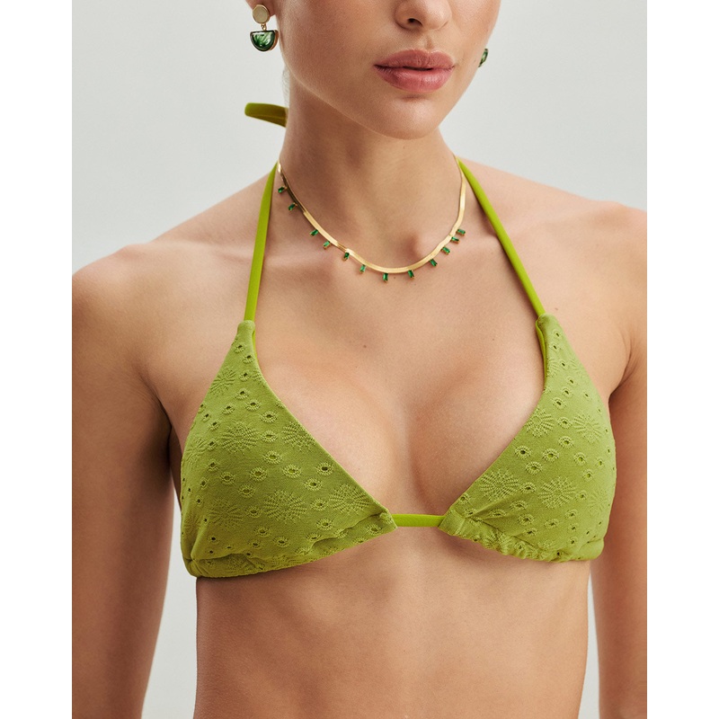 Green Jacquard Drawstring Bikini Top