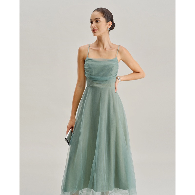 Green Mesh Flowy Slip Midi Dress