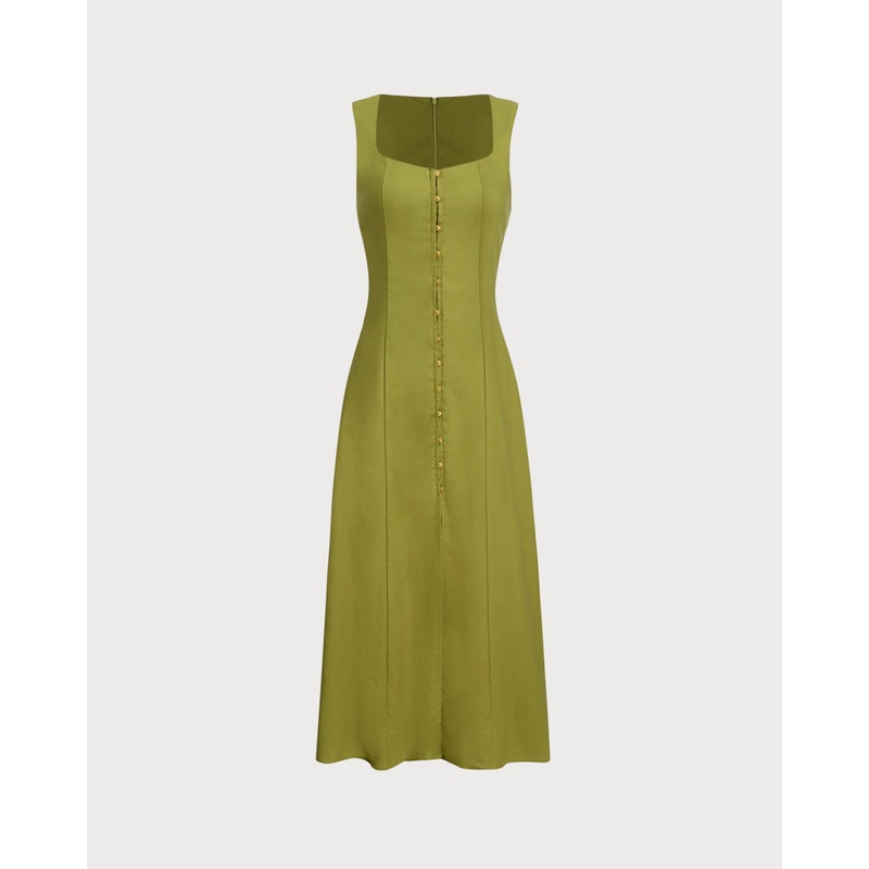 Green Square Neck Button Sleeveless Midi Dress