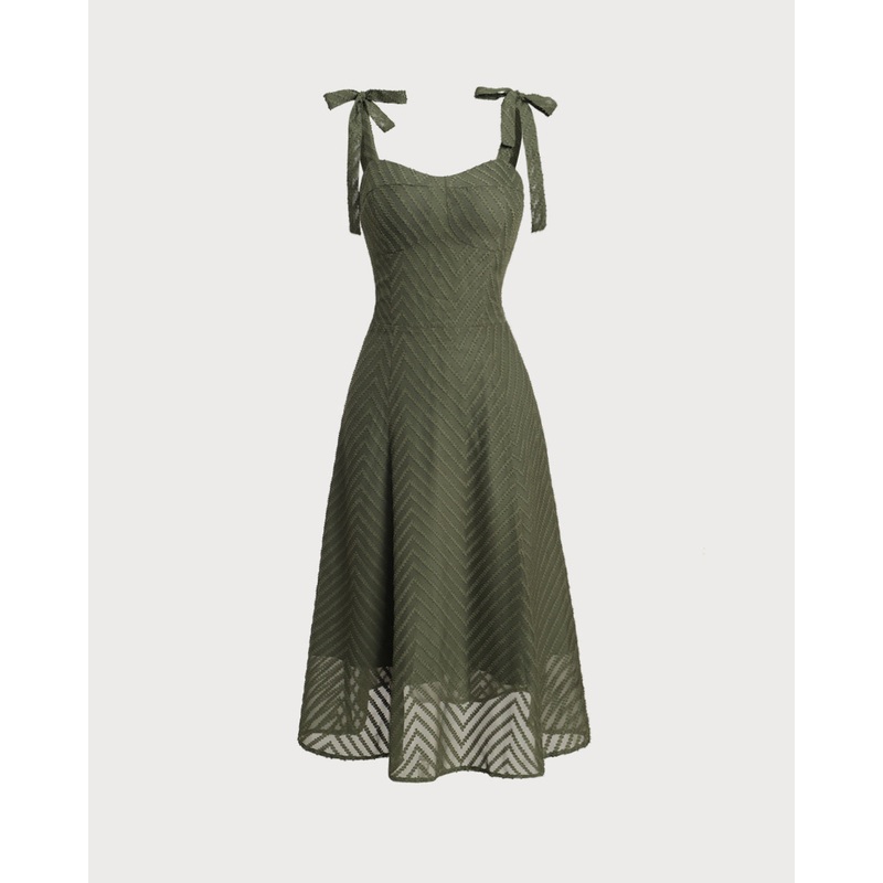 Green Sweetheart Neck Tie Strap Midi Dress