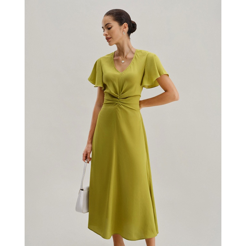 Green V Neck Ruffle Sleeve Midi Dress