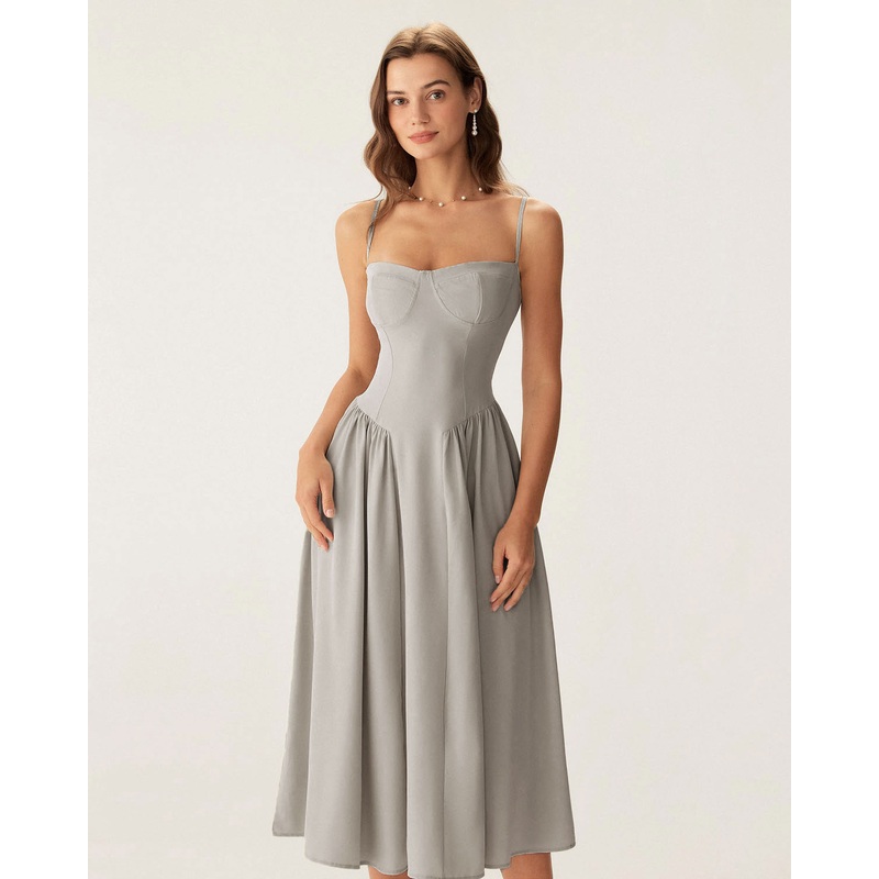 Grey Square Neck Pocket Slip Midi Dress