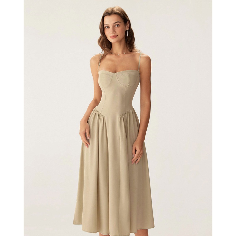 Khaki Square Neck Pocket Slip Midi Dress