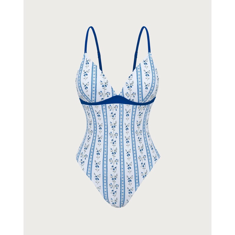 Light Blue Knit Contrast Elegant Printed One-Piece Swimsuit