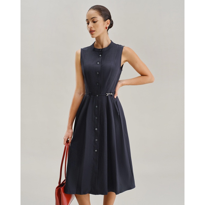 Navy Mock Neck High Waist Midi Dress