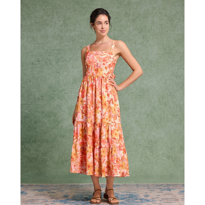 Orange Floral Square Neck Midi Dress