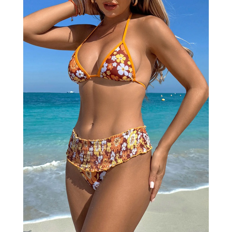 Orange Knitted Printed Bikini Set