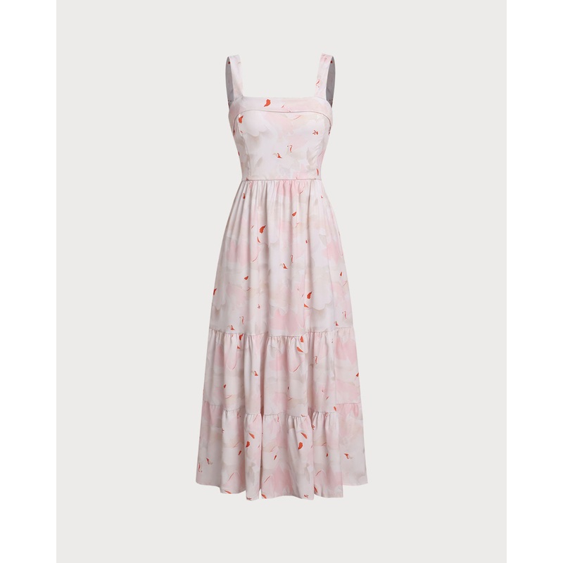 Pink Floral Backless Slip Midi Dress