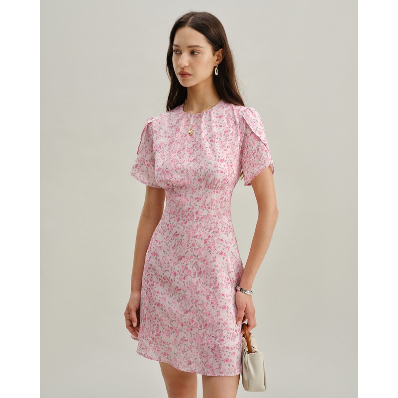 Pink Floral Round Neck Pleated Mini Dress