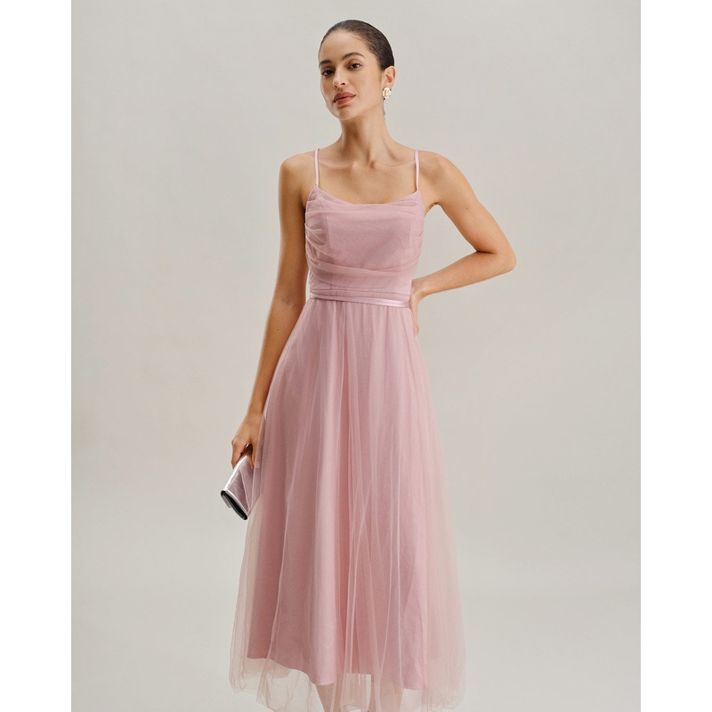 Pink Mesh Flowy Slip Midi Dress