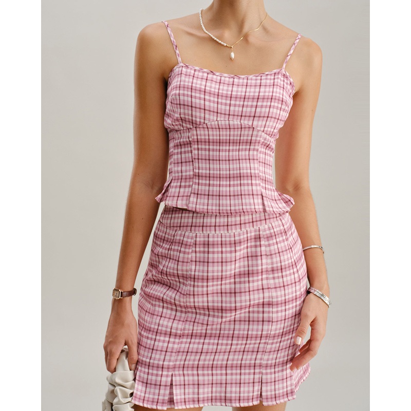 Pink Plaid Straight Mini Skirt