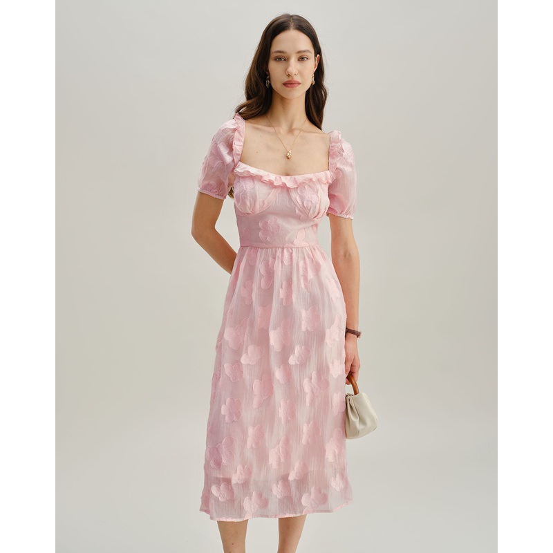Pink Square Neck Puffed Sleeve Midi Dress