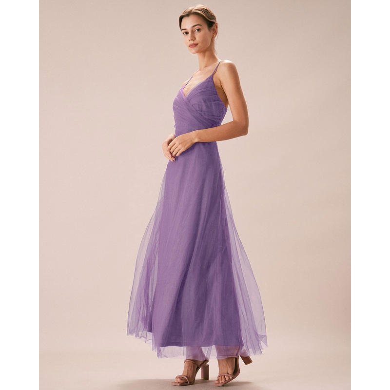 Purple Mesh Wrap Slip Maxi Dress