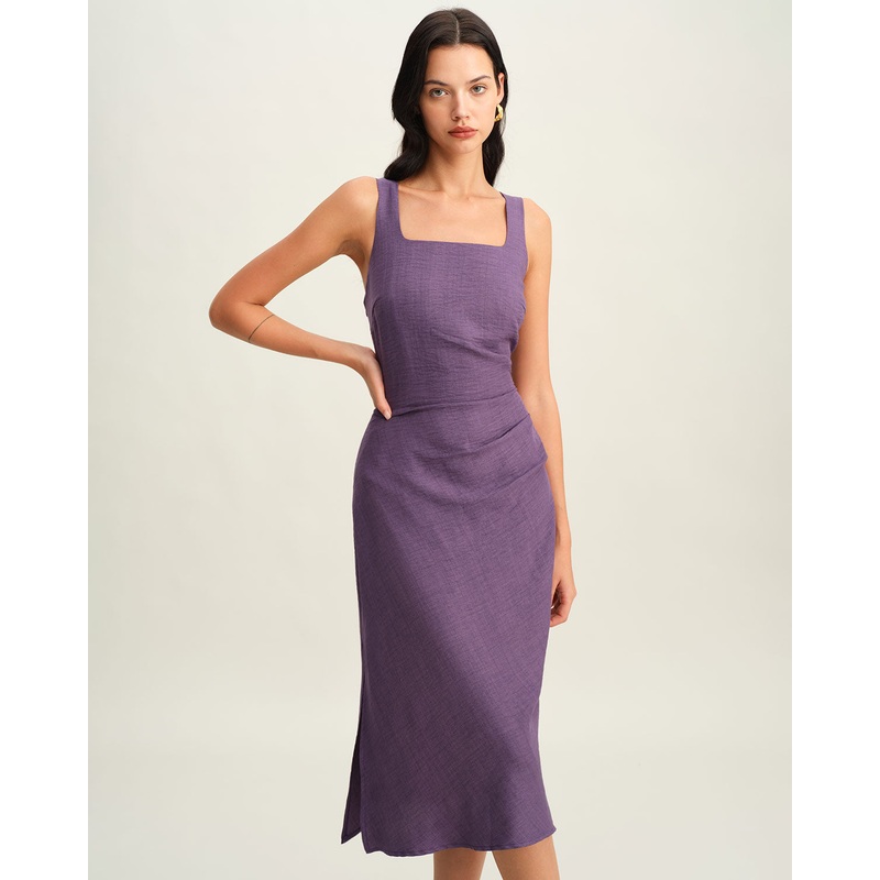Purple Square Neck Slip Midi Dress