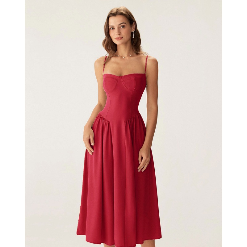 Red Square Neck Pocket Slip Midi Dress