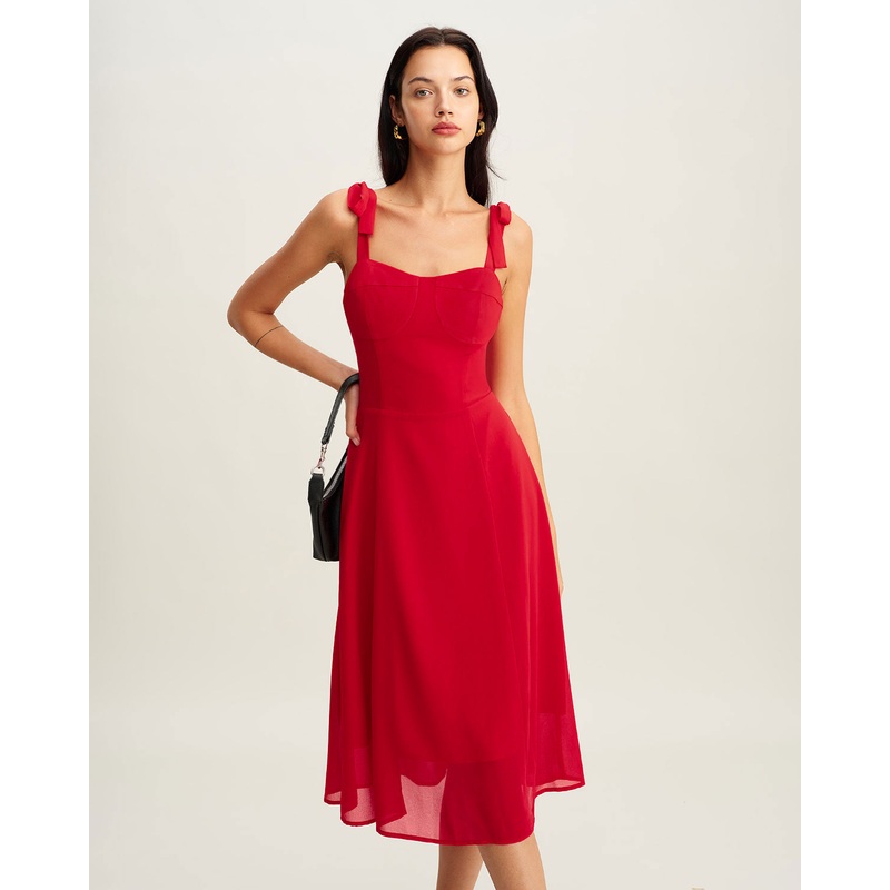 Red Sweetheart Neck Tie Strap Midi Dress
