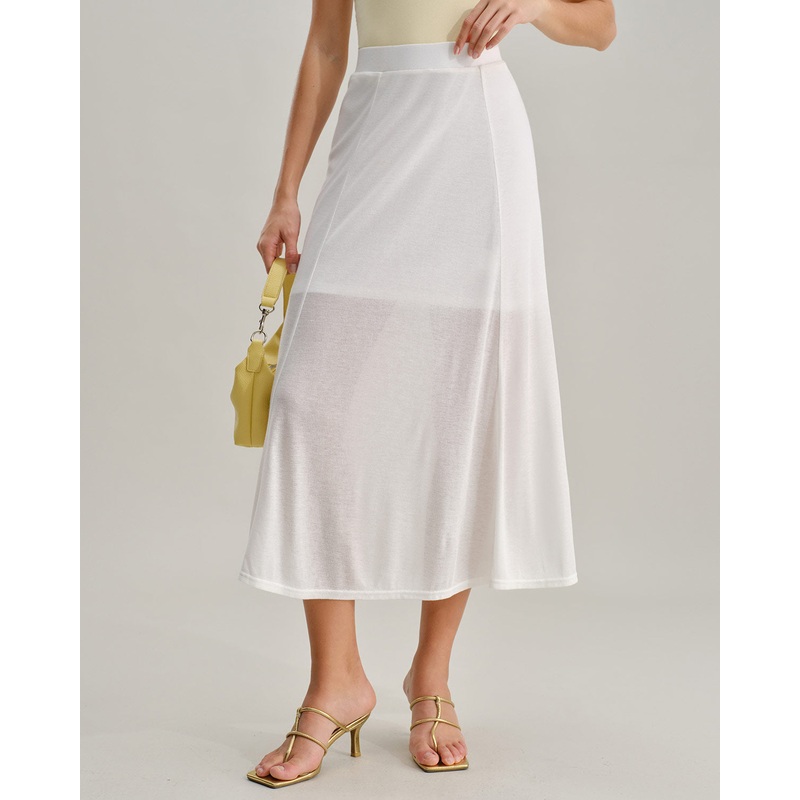 White Elastic Waist Straight Midi Skirt