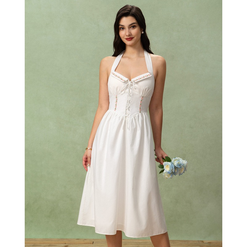 White Embroidery A-Line Halter Midi Dress