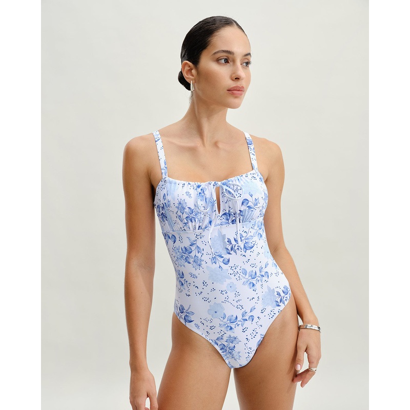White Floral Ruched One-Piece Swimsuit