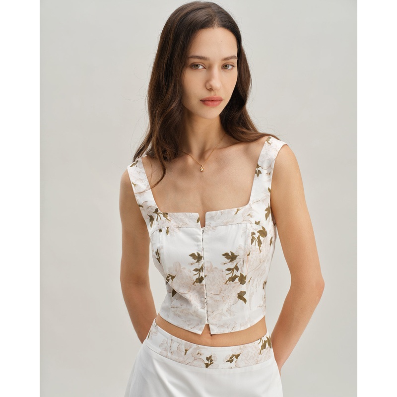 White Floral Shirred Square Neck Cami Top