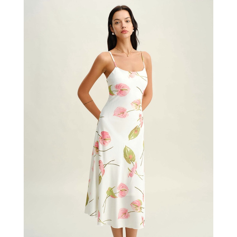 White Floral Slip Midi Dress