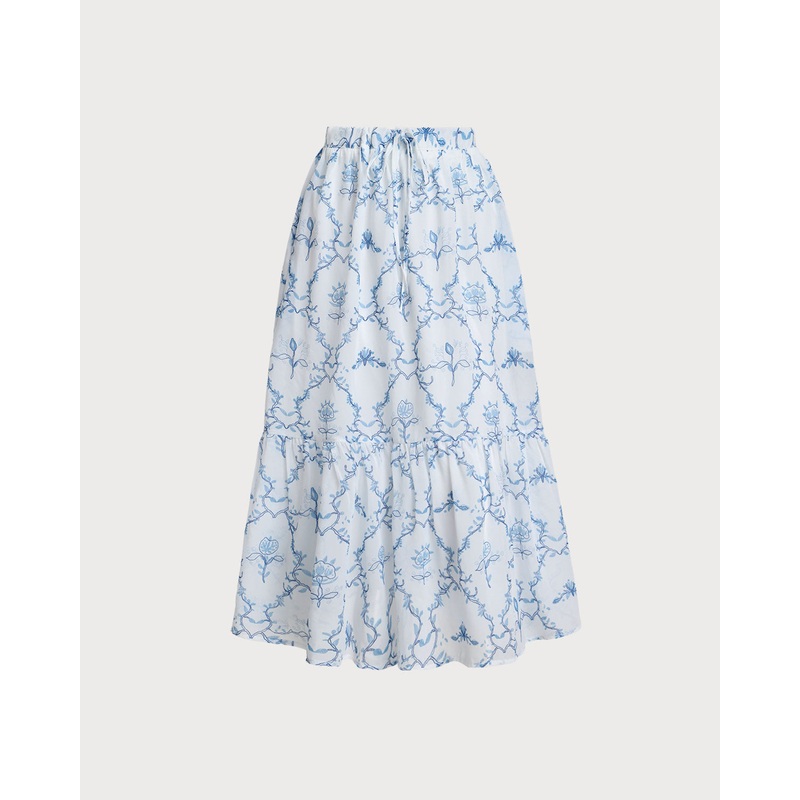 White Floral Tiered Midi Skirt