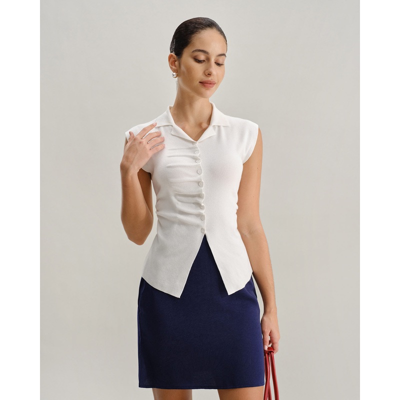 White Ruched Single Breasted Cardigan