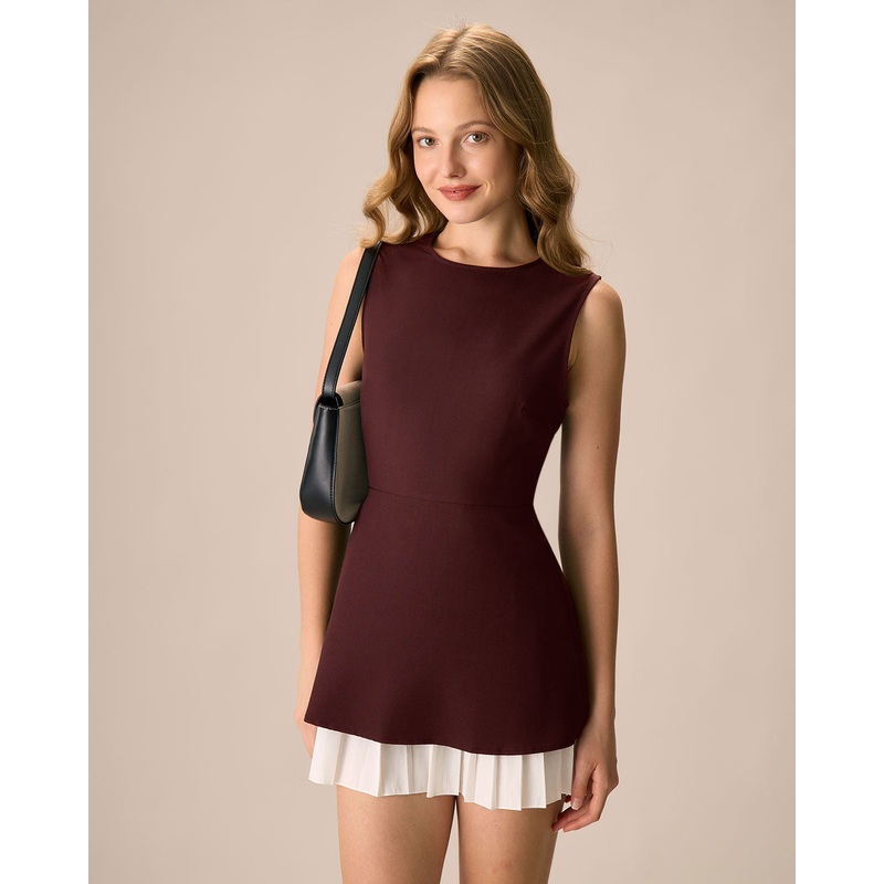 Wine Red Contrast Sleeveless Mini Dress