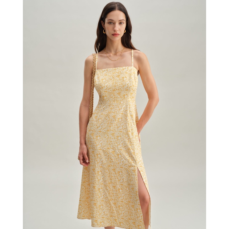 Yellow Floral Backless Slip Midi Dress