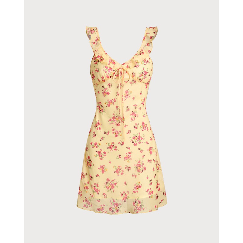 Yellow Floral Ruffle Sleeveless Mini Dress