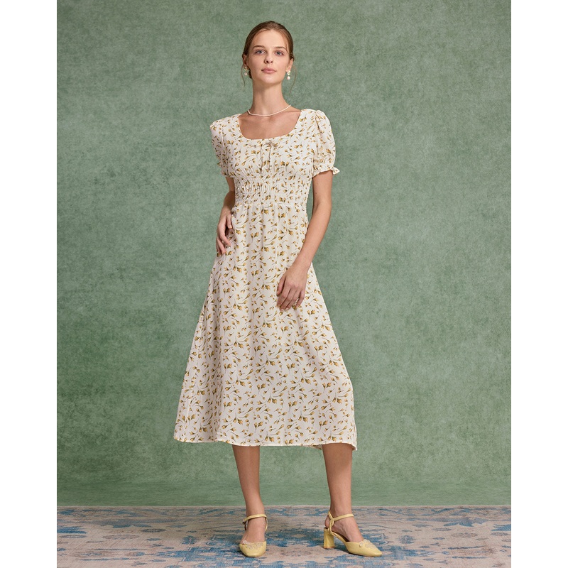Yellow Floral Square Neck Shirred Midi Dress