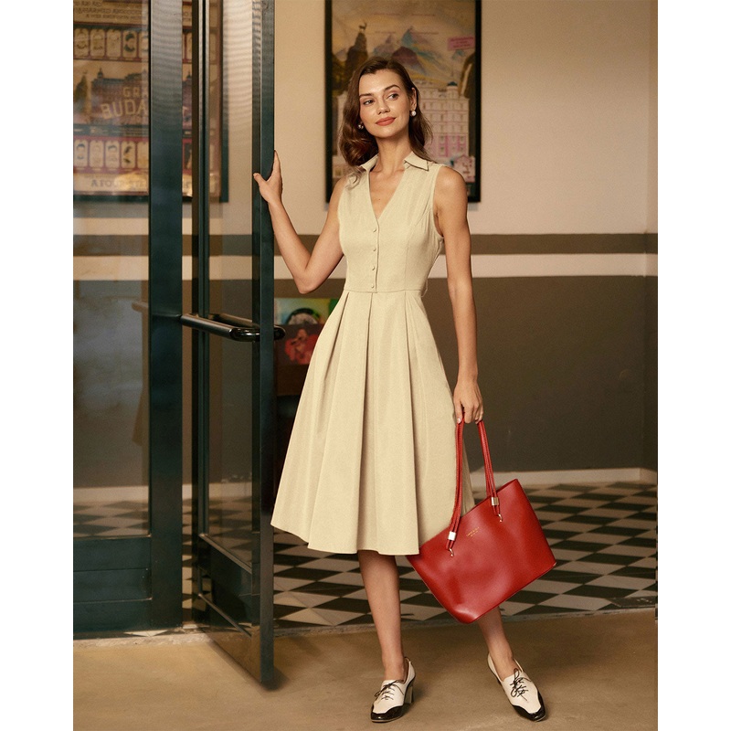 Apricot Button Sleeveless Midi Dress