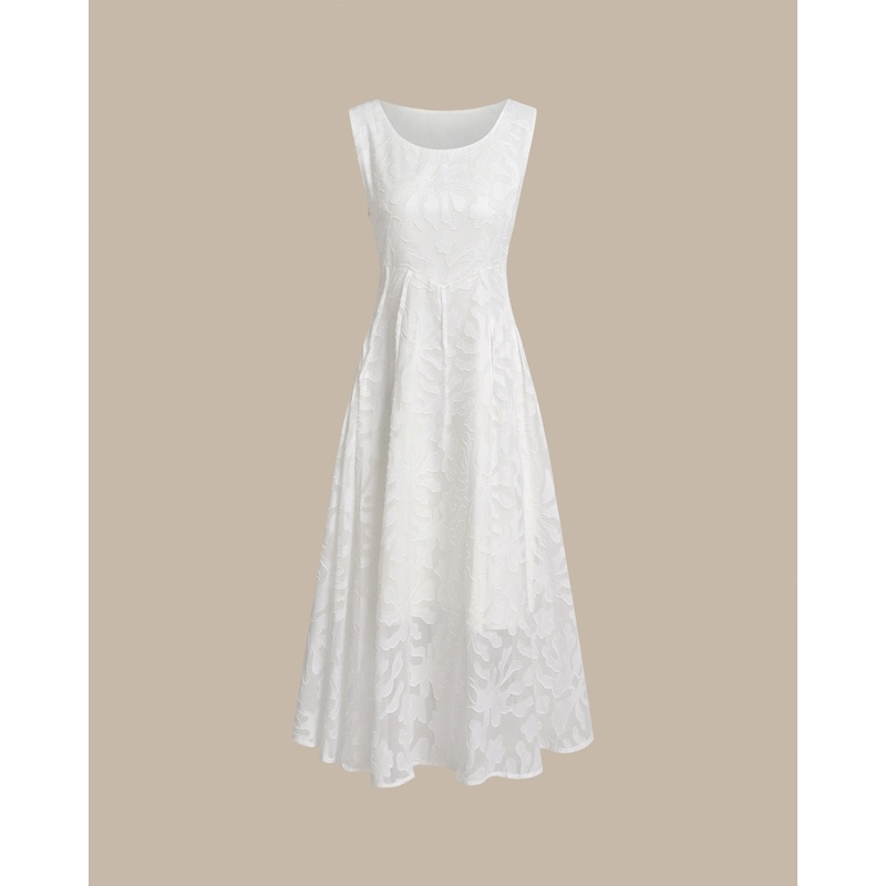 Apricot U Neck Jacquard Sleeveless Midi Dress