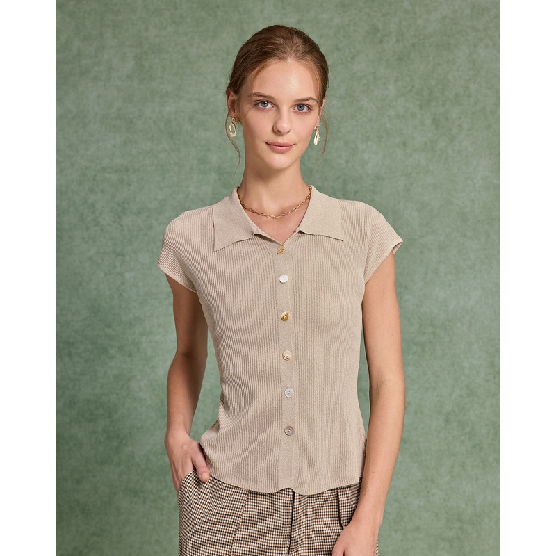 Beige Cap Sleeve Button Knit Tee