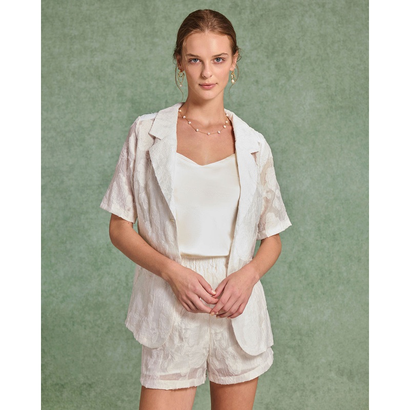 Beige Jacquard Blouse Shorts Two-Piece Set