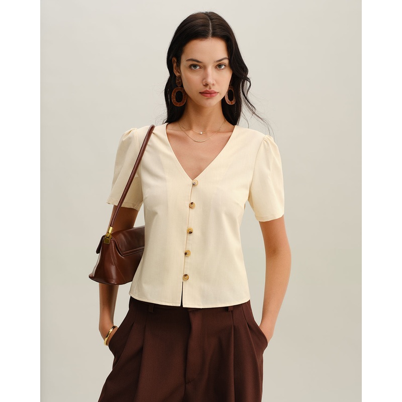 Beige V Neck Button Short Sleeve Blouse