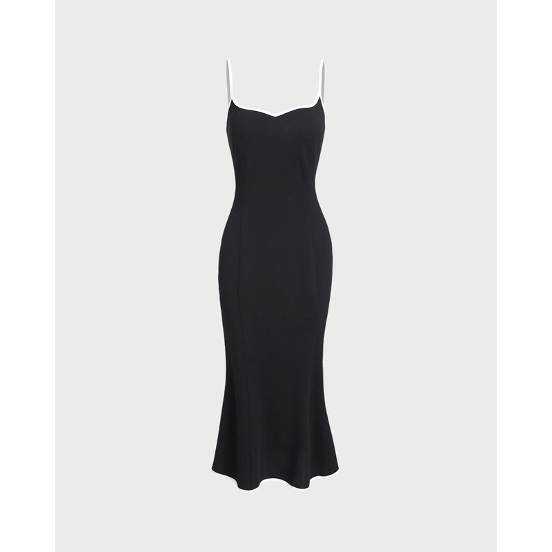 Black Contrast Sweetheart Neck Slip Midi Dress